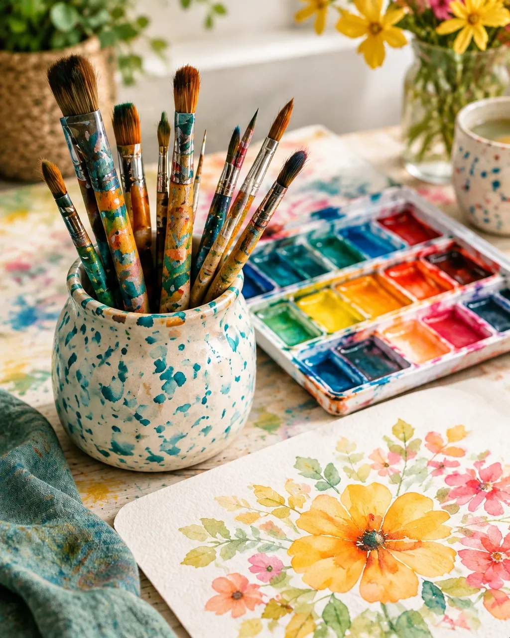Paintbrushes and watercolor paints ready for a creative session
